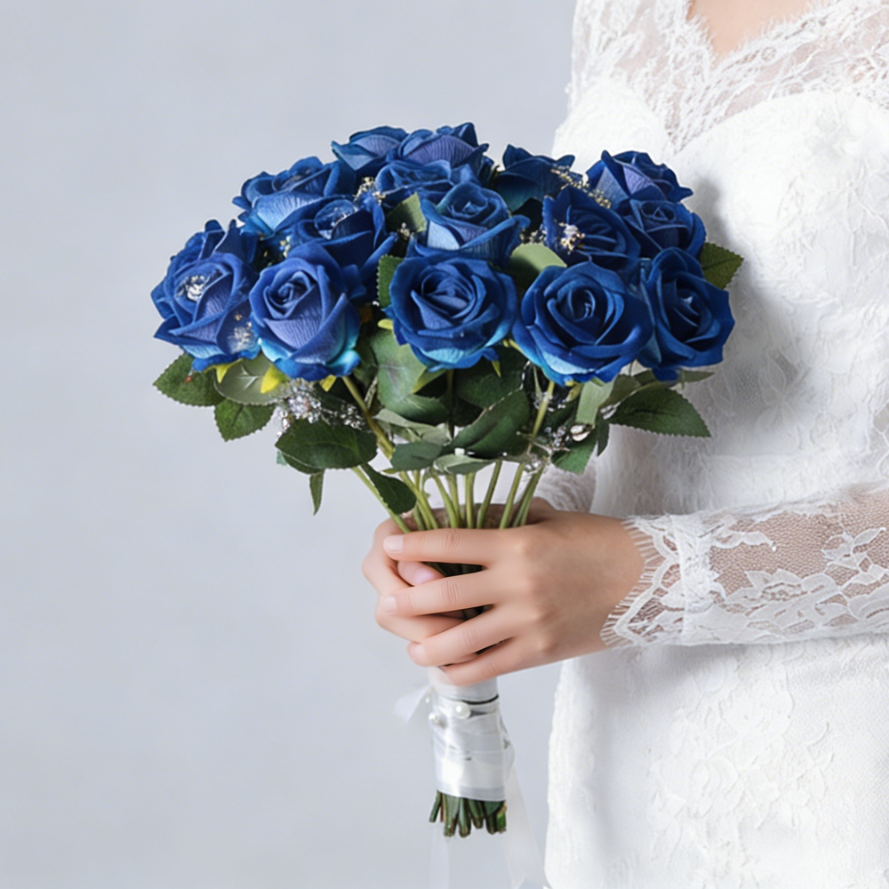 50PCS Blue Velvet Rose Realistic Artificial Flowers Faux Roses for Wedding & Home Decor