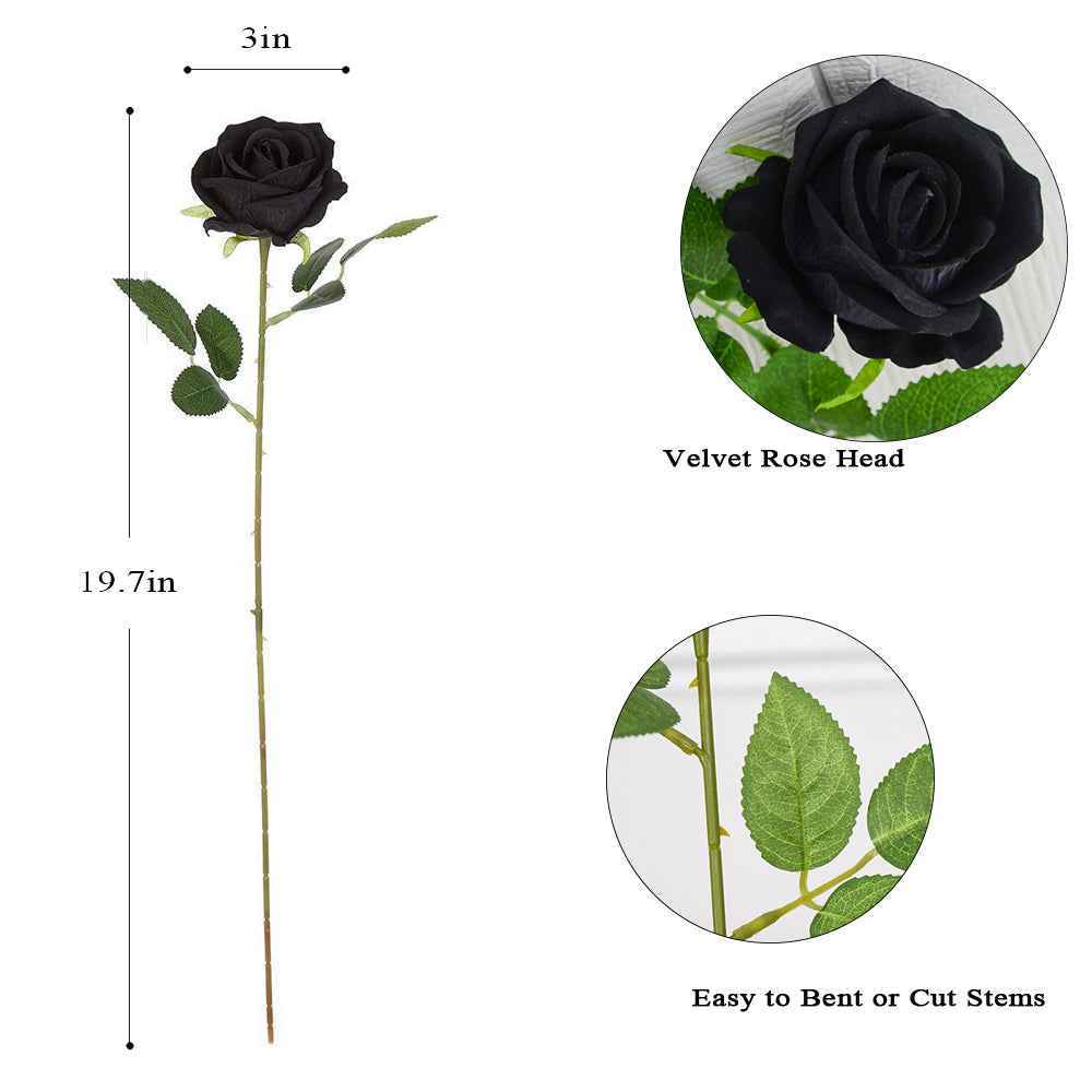 50PCS Black Velvet Rose Realistic Artificial Flowers Faux Roses for Wedding & Home Decor