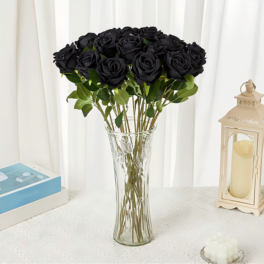 50PCS Black Velvet Rose Realistic Artificial Flowers Faux Roses for Wedding & Home Decor