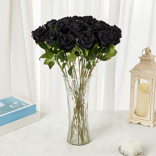 50PCS Black Velvet Rose Realistic Artificial Flowers Faux Roses for Wedding & Home Decor