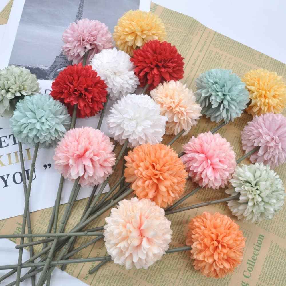 Silk Ball Chrysanthemum Orange Artificial Flowers 10pcs Faux Pom pom Mums for Home Decor