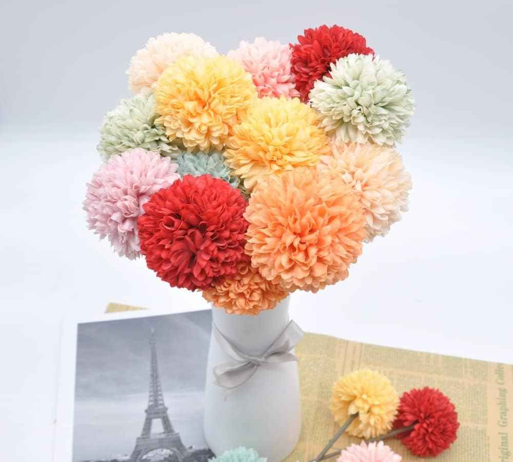 Silk Ball Chrysanthemum Orange Artificial Flowers 10pcs Faux Pom pom Mums for Home Decor