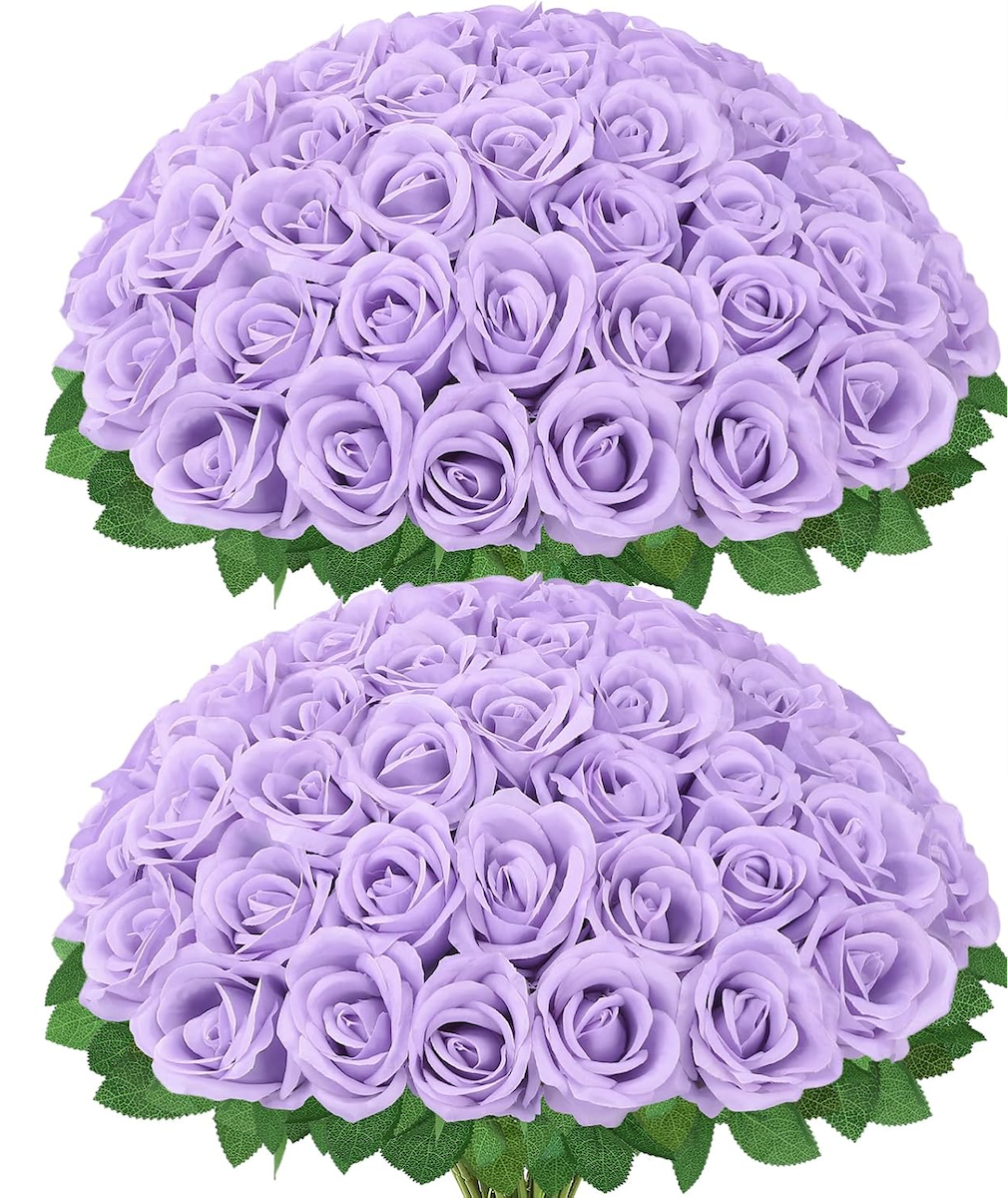 50PCS Purple Velvet Rose Realistic Artificial Flowers Faux Roses for Wedding & Home Decor