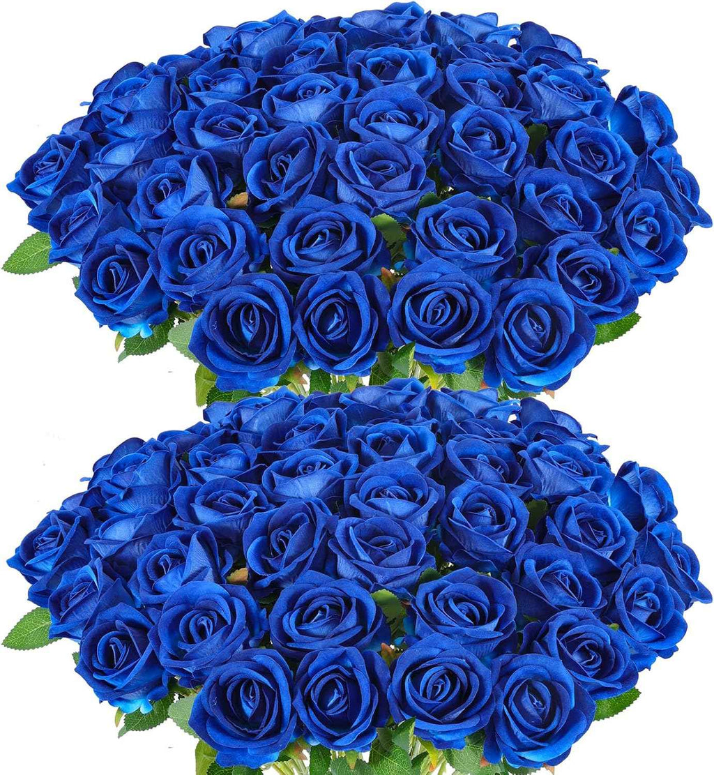 50PCS Blue Velvet Rose Realistic Artificial Flowers Faux Roses for Wedding & Home Decor