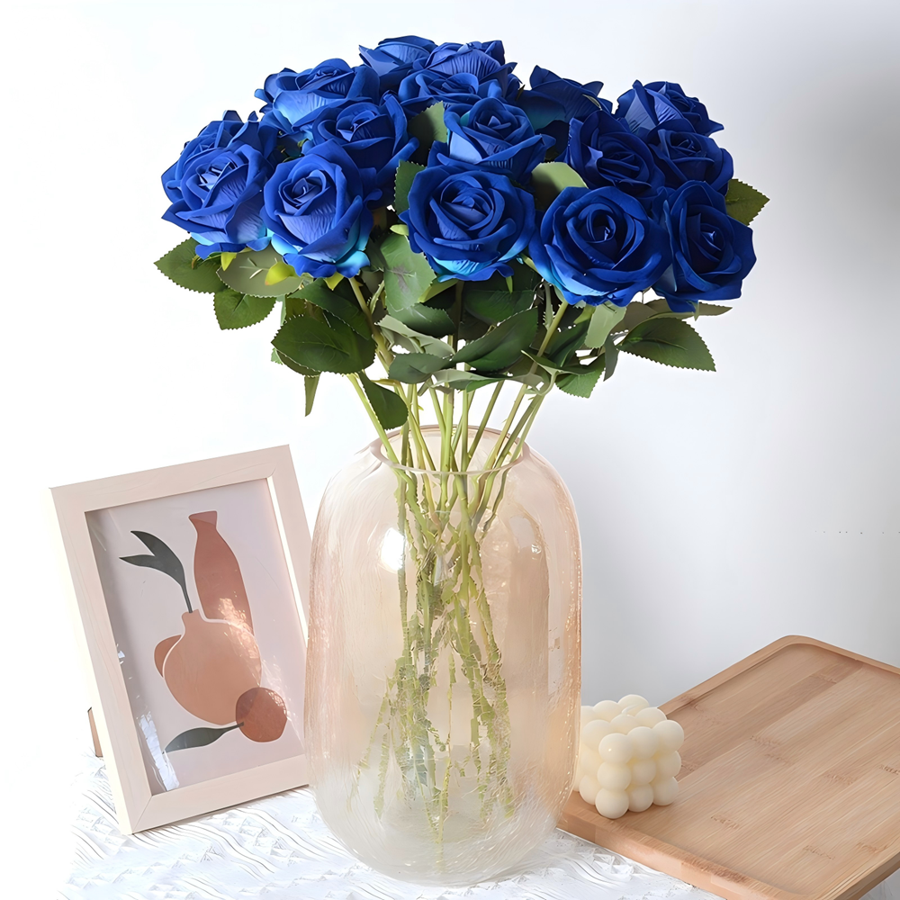 50PCS Blue Velvet Rose Realistic Artificial Flowers Faux Roses for Wedding & Home Decor